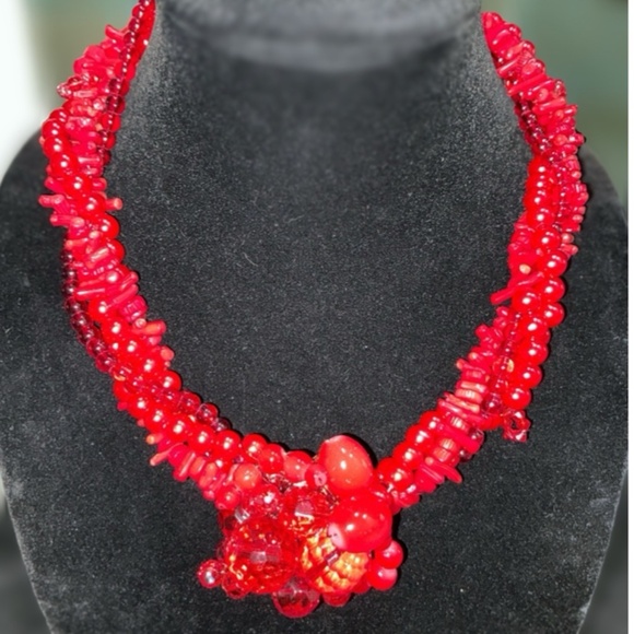 Artisan Red Coral & Glass Statement Necklace – 4-Strand Vintage Materials - Picture 1 of 6